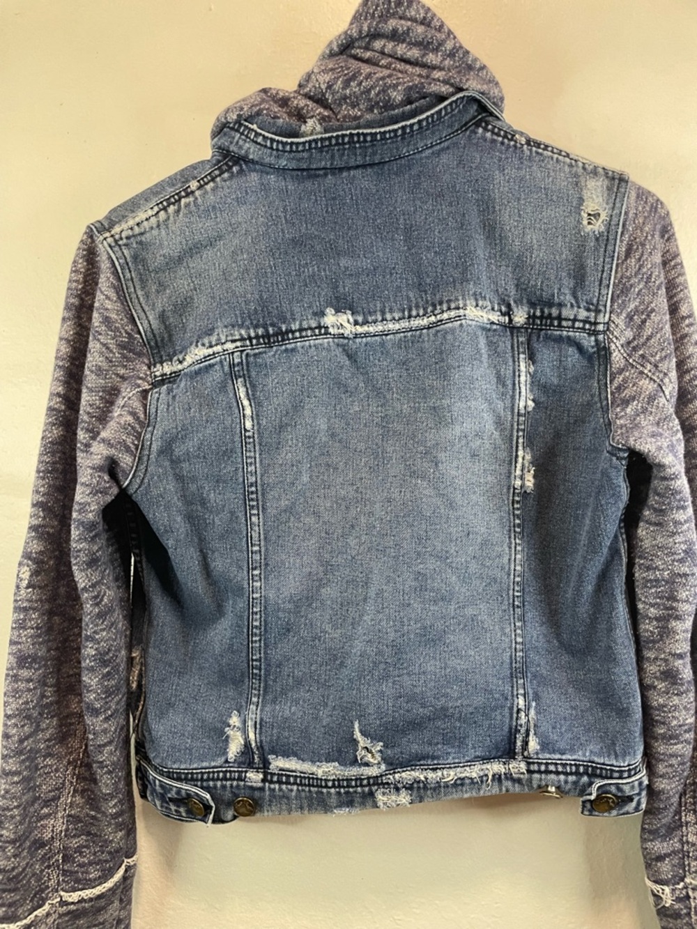 Free People Blue Denim Jacket with Heathered Gray Knit Sleeves - Picture 10 of 12